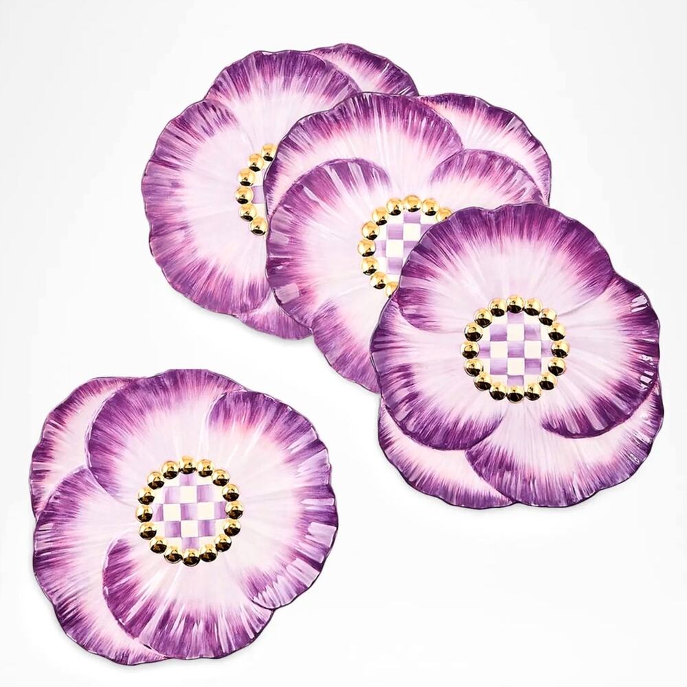 NEW Mackenzie-Childs Pansy Party Ceramic Dessert Plate Set of 4 in Original Box - Picture 4 of 5